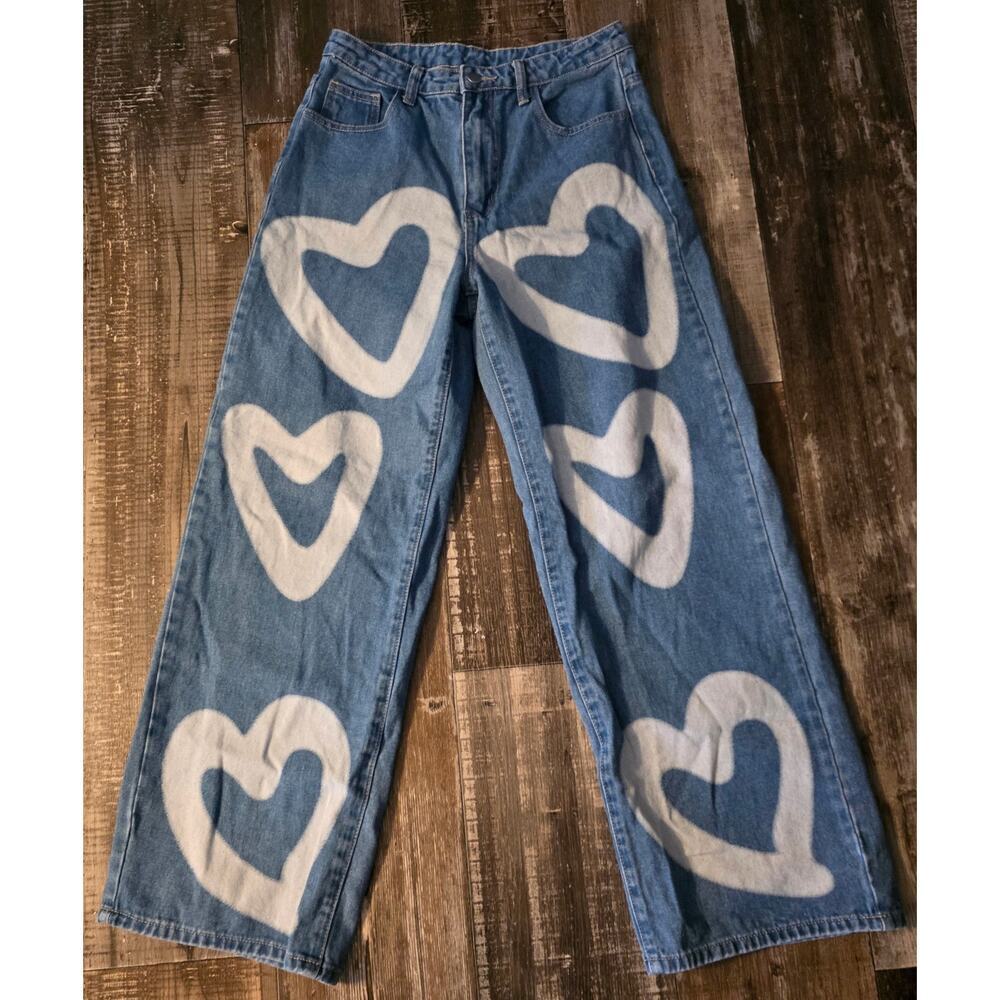 SHEIN EZwear High Waist Heart Print Wide Leg Jeans Size M